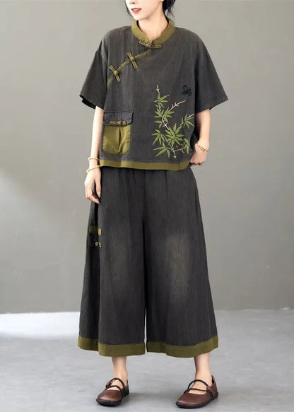 Retro Black Embroidered Pockets Denimtwo Piece Set Short Sleeve