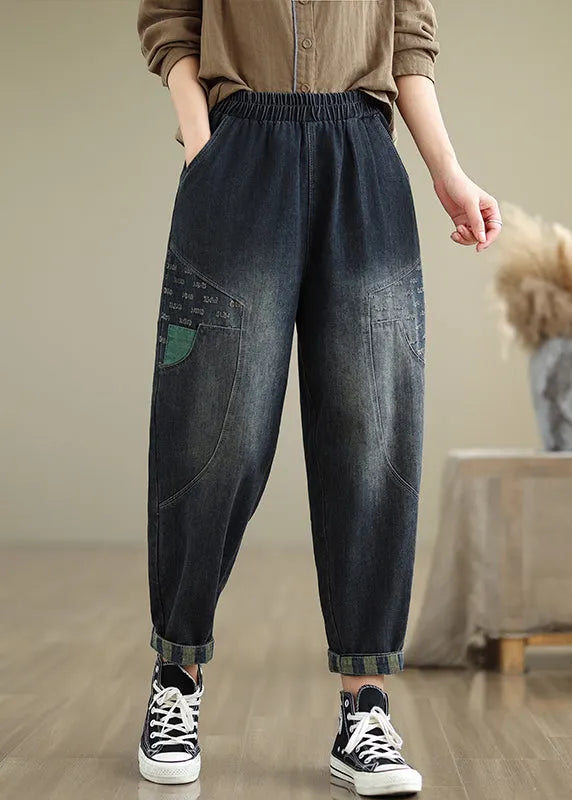 Navy Pockets Elastic Waist Denim Pants Fall