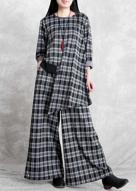 Handmade Black White Plaid O-neck Asymmetrical Top and Wide Leg Pants Two Pieces Set Spring