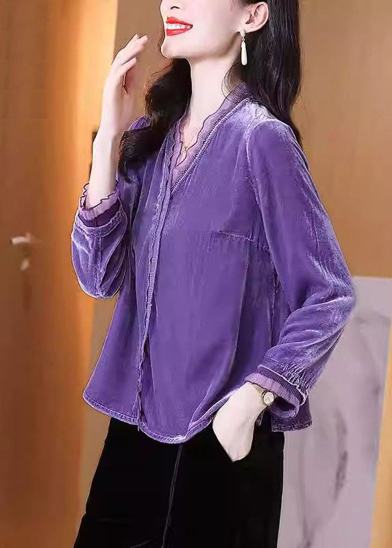 Purple Tulle Patchwork Side Open Silk Velour Shirt Fall