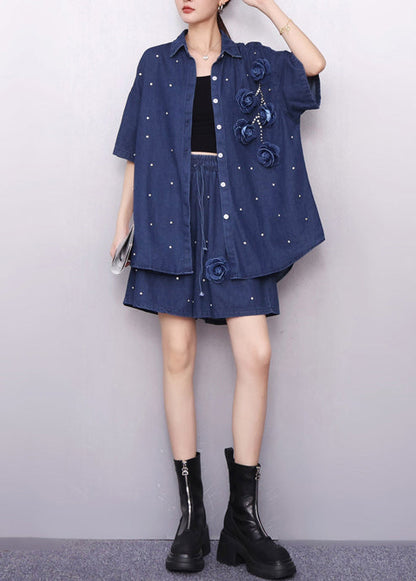 Handsome Navy Embroidered Nail Bead Two Piece Set Summer