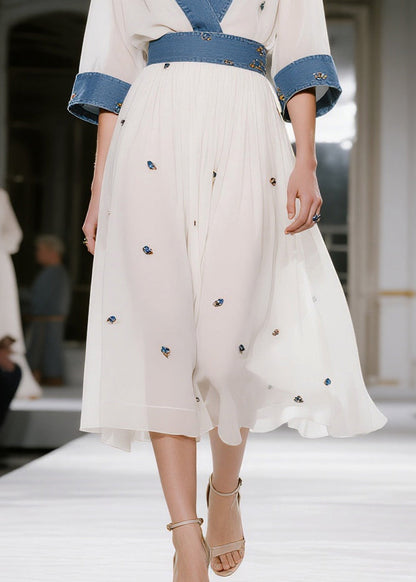 Italian White Patchwork Denim Print Chiffon Long Dresses Summer