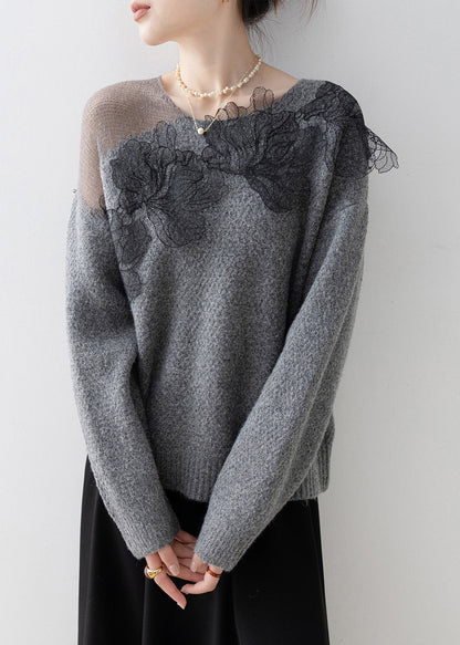 Original Design Grey O-neck Knit Sweaters Spring
