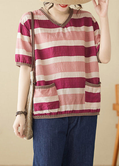 Loose Striped Patchwork O-neck T Shirts Short Sleeve
