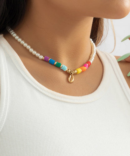 White Alloy Pearl Beading Shell Gratuated Bead Necklace