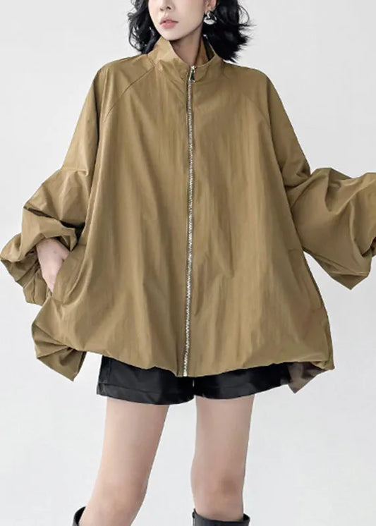 Organic Khaki Zippered Patchwork Trench Coats Fall