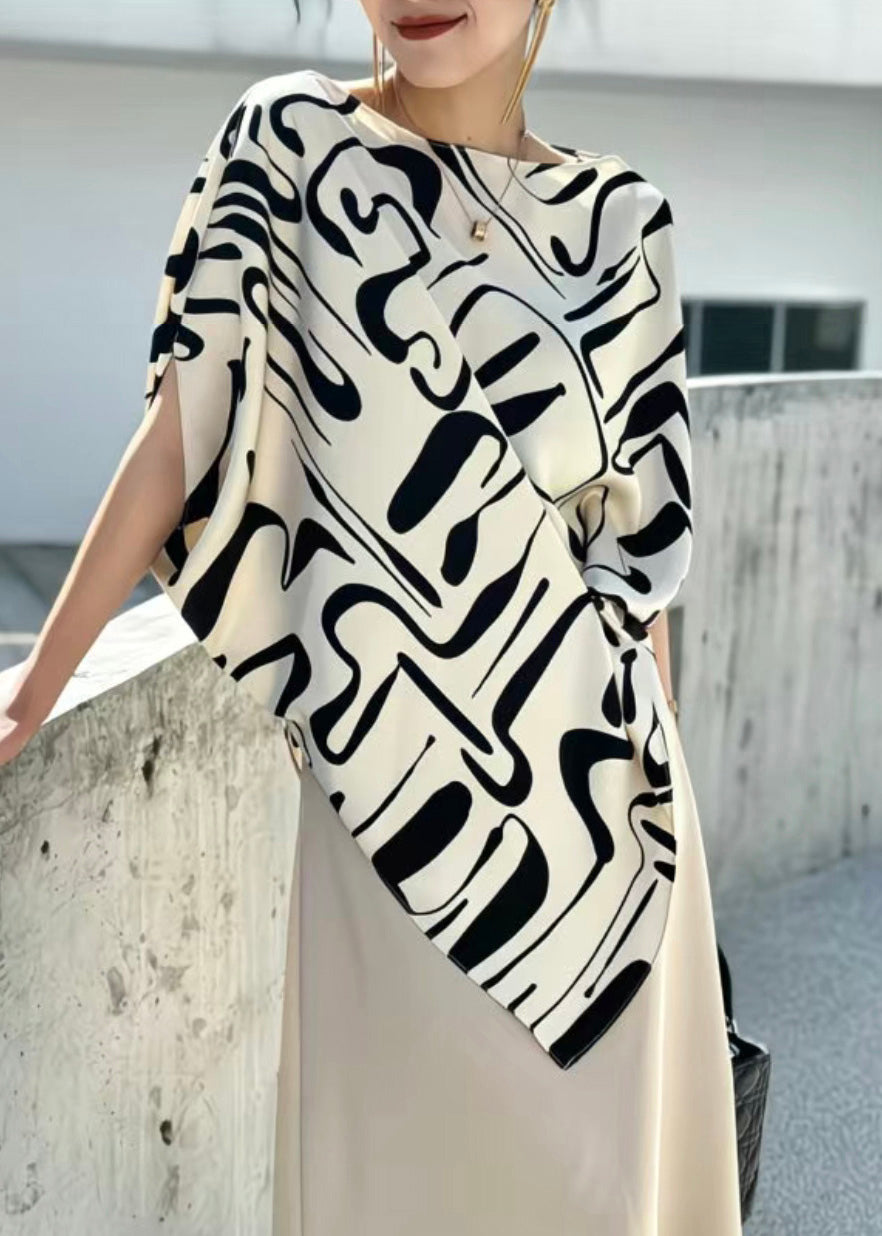 Beige Asymmetrical Print Cotton Blouse Tops Summer