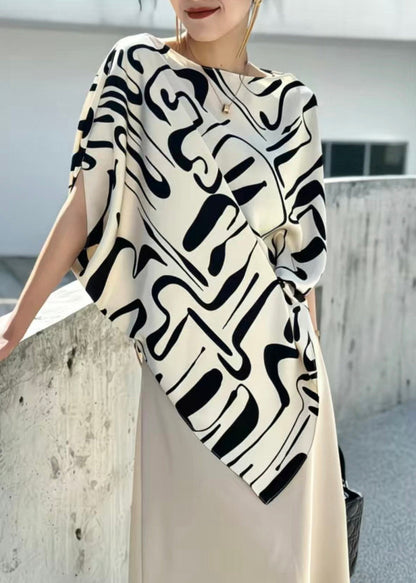 Beige Asymmetrical Print Cotton Blouse Tops Summer