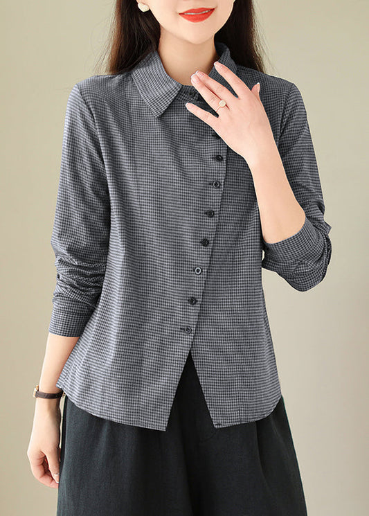 Grey Peter Pan Collar Plaid Cotton Shirts Top Spring