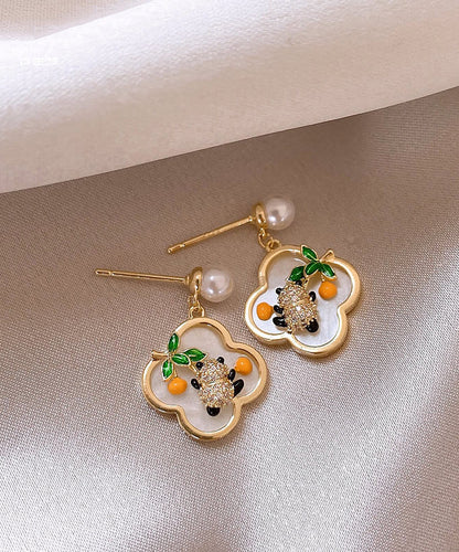 Gold Sterling Silver Alloy Panda Pearl Stud Earrings