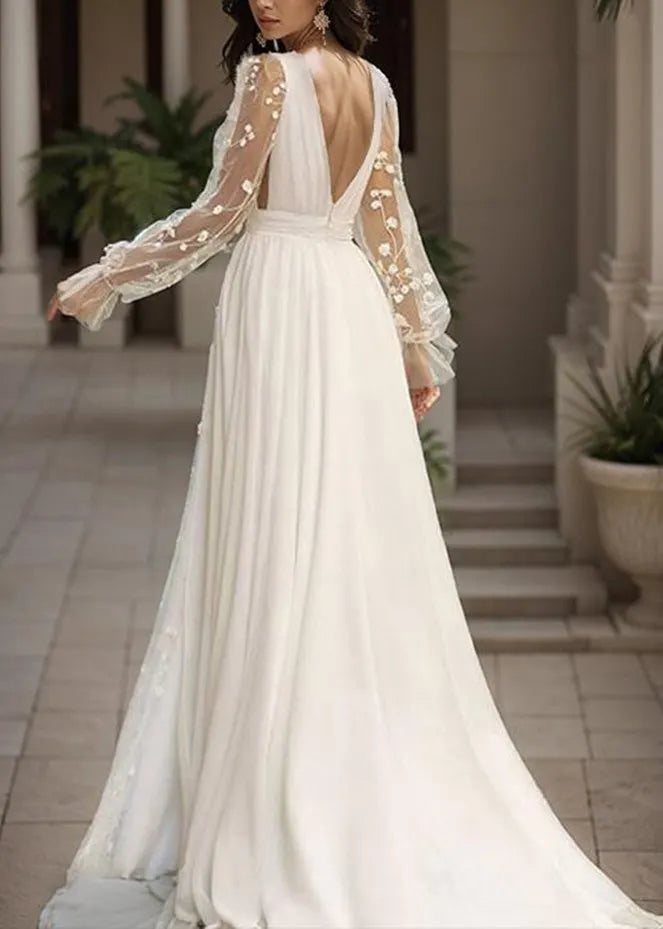 French White V Neck Backless Chiffon Robe Dresses Summer