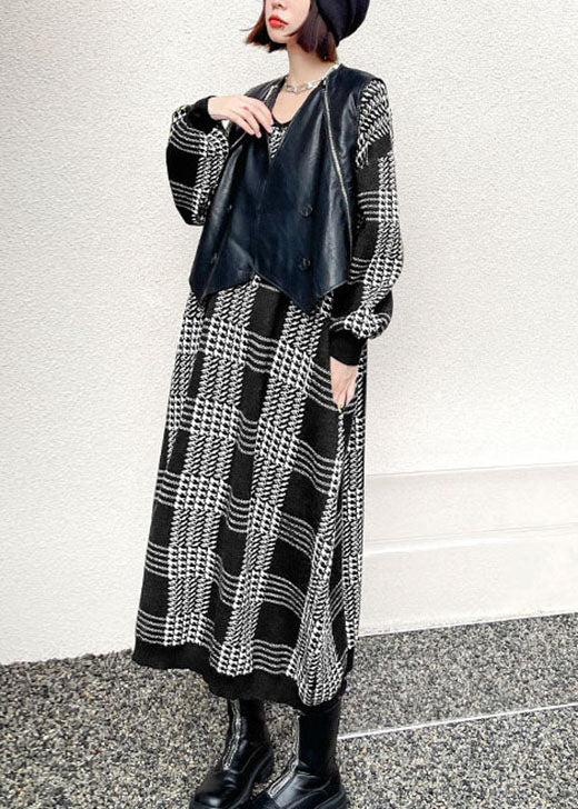 White Plaid Fall Knitted Dress