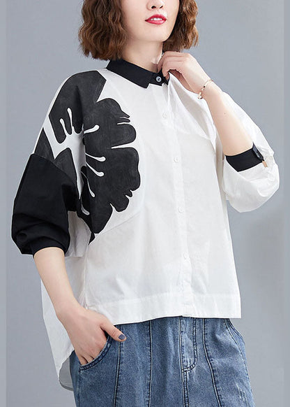 Fitted White Button Print Asymmetrical Design Fall Long Sleeve Blouse Tops