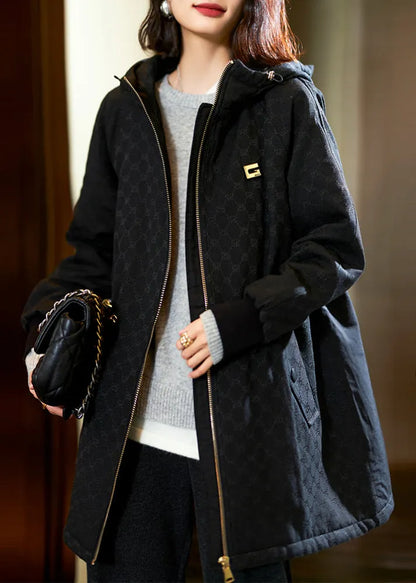 Khaki Hooded Print Drawstring Cotton Filled Coats Long Sleeve