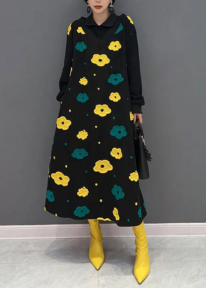 Black Peter Pan Collar Patchwork Print Cotton Fake Two Piece Dress Spring