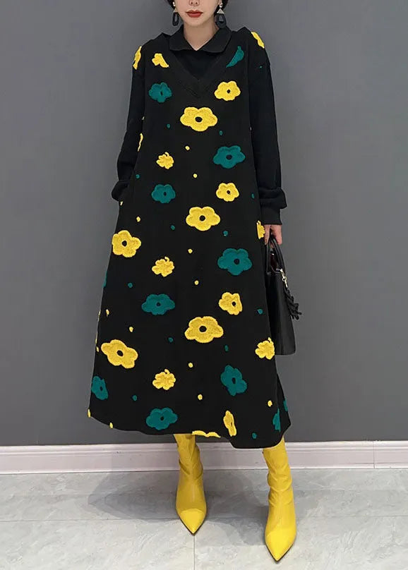 Black Peter Pan Collar Patchwork Print Cotton Fake Two Piece Dress Spring
