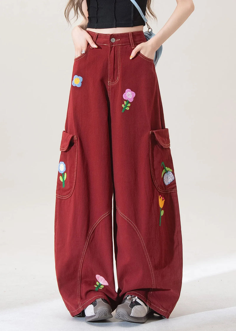 Stylish Red Pockets Denim Wide Leg Pants Fall