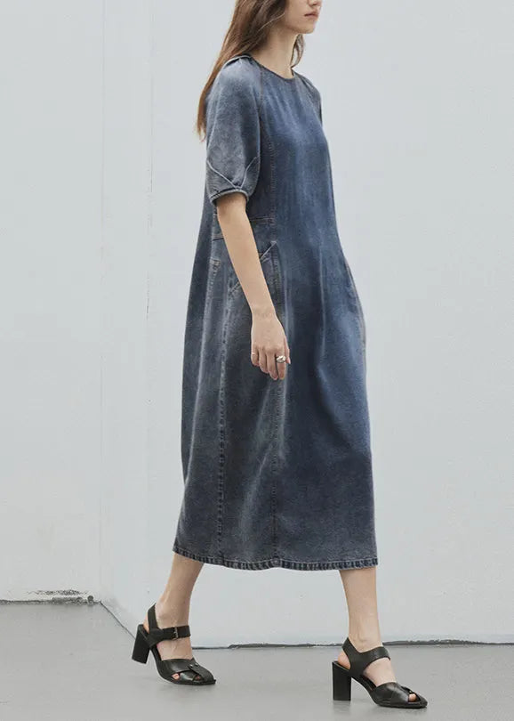 Blue O Neck Pockets Patchwork Denim Dress Summer