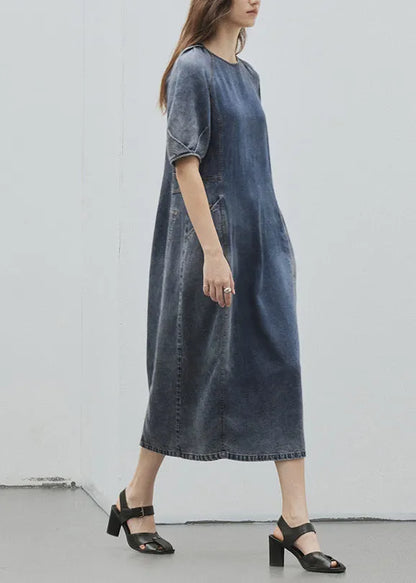 Blue O Neck Pockets Patchwork Denim Dress Summer