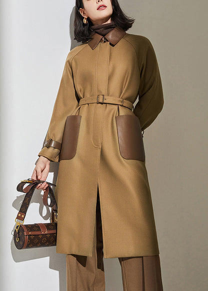 Khaki Peter Pan Collar Pockets Patchwork Button Wool Trench Coat Spring