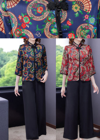 Red Button Stand Collar Print Silk Two Piece Set Clothing Summer