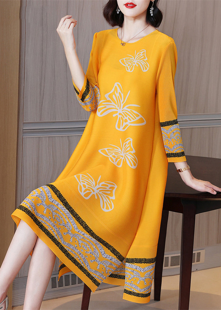 Boutique Yellow O-neck Print Low High Desig Maxi Dresses Long Sleeve