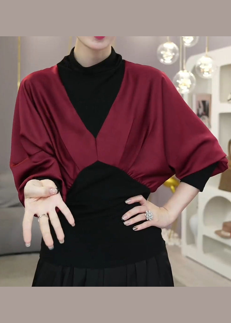 Mulberry Hign Neck Wrinkled Patchwork Silk Shirt Tops Fall