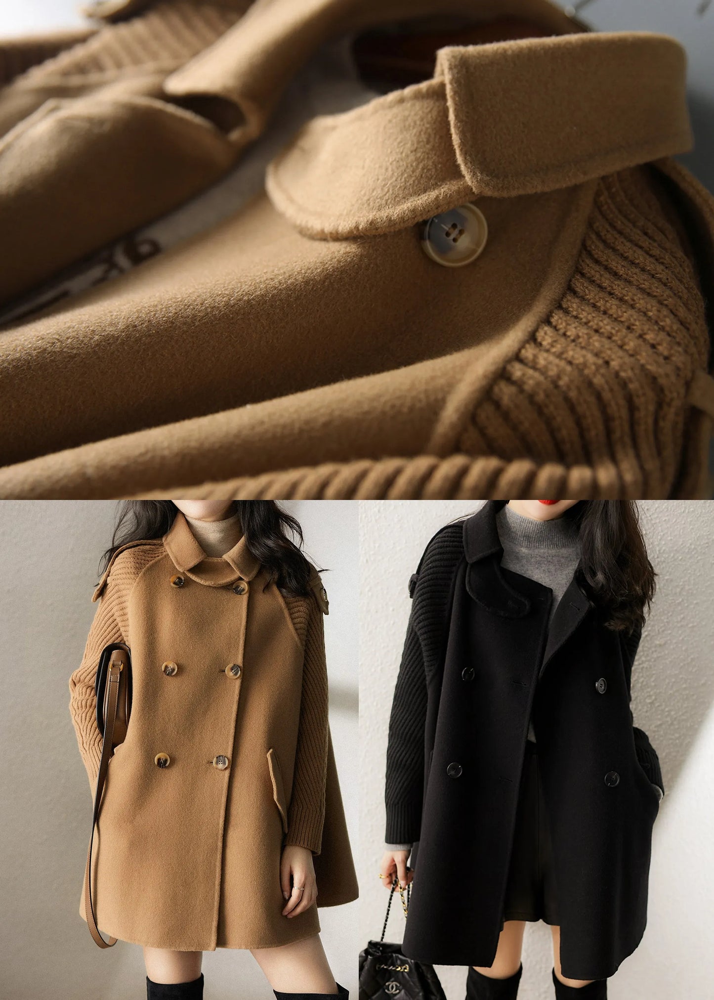 Black Peter Pan Collar Pockets Woolen Coats Spring
