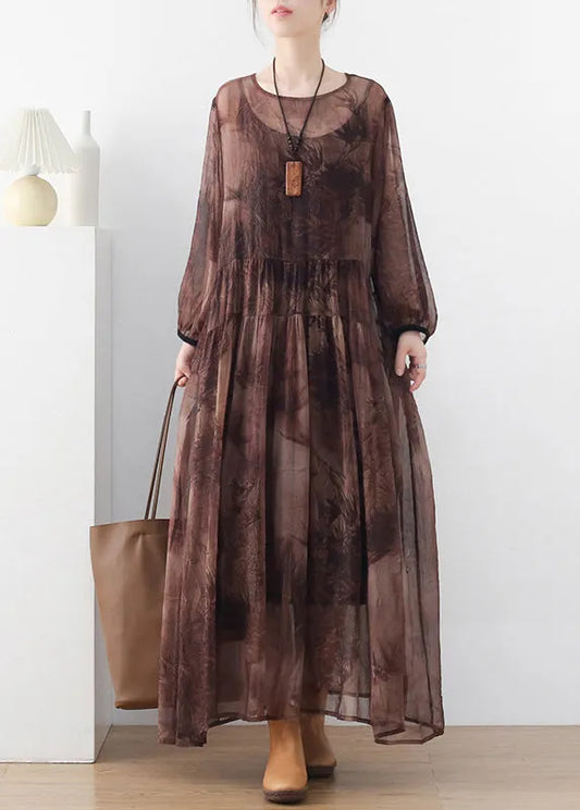 Chocolate O-neck Print Chiffon Long Dress and Spaghetti Strap Dress Two Pieces Set Long Sleeve