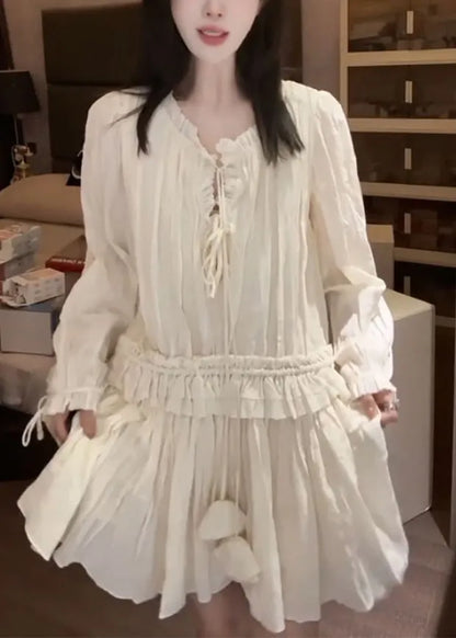 Stylish Apricot Ruffled Lace Up Chiffon Mini Dress Fall