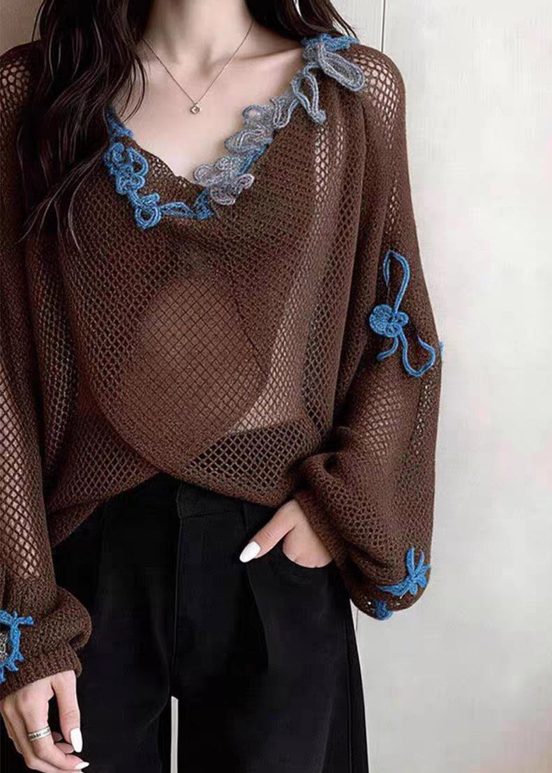 Loose Coffee Embroidered Patchwork Hollow Out Tops Lanter Sleeve
