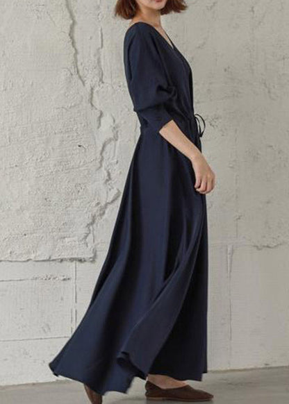 Navy Cinched V Neck Cinched Cotton Maxi Dresses Fall