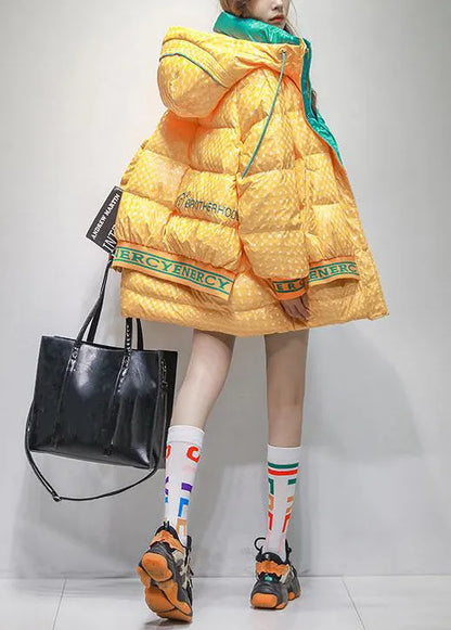 Yellow Hooded Letter Patchwork Duck Down Coats Winter