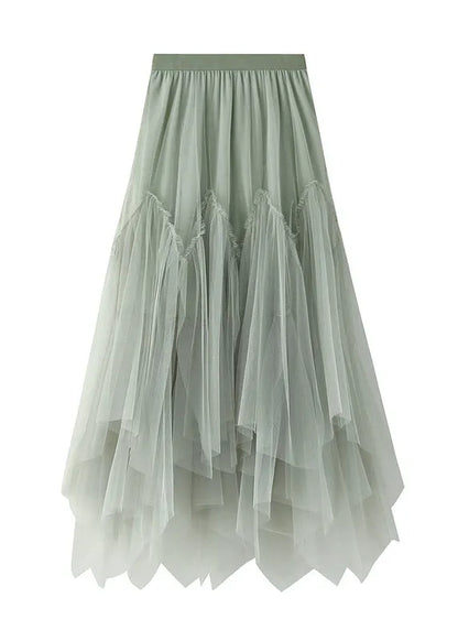 Green Asymmetrical Elastic Waist Tulle Pleated Skirt Summer