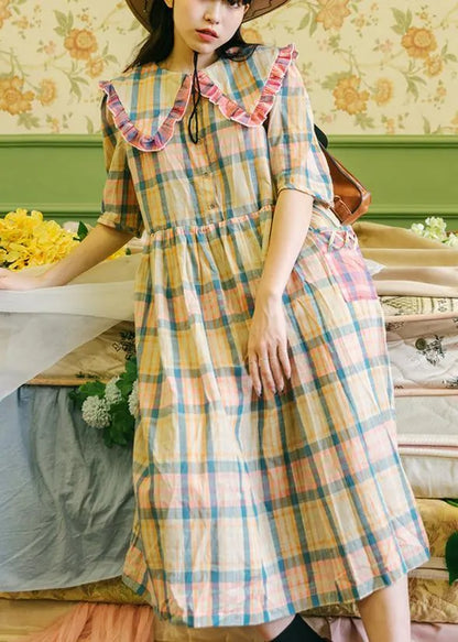 Plaid Ruffled Button Puff Sleeve Summer Cotton Dresses
