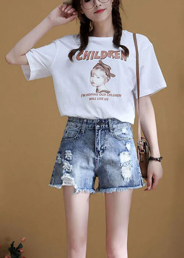 Italian Blue High Waist Hole Pockets Side Open Cotton Denim Shorts Summer