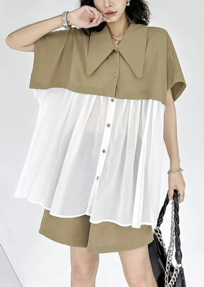 New Khaki Peter Pan Collar Wrinkled Chiffon Patchwork Tops and Shorts Two Pieces Set Summer