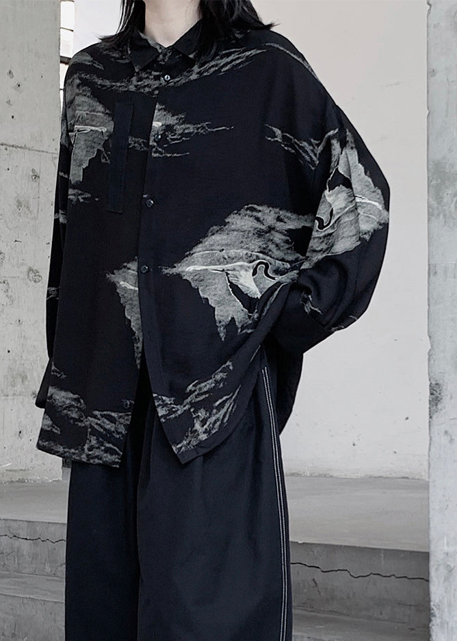 Black Peter Pan Collar Tie Dye Button Shirts Fall