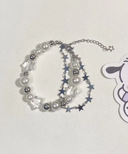 White Stainless Steel Star Double-layer Pearl Charm Bracelet