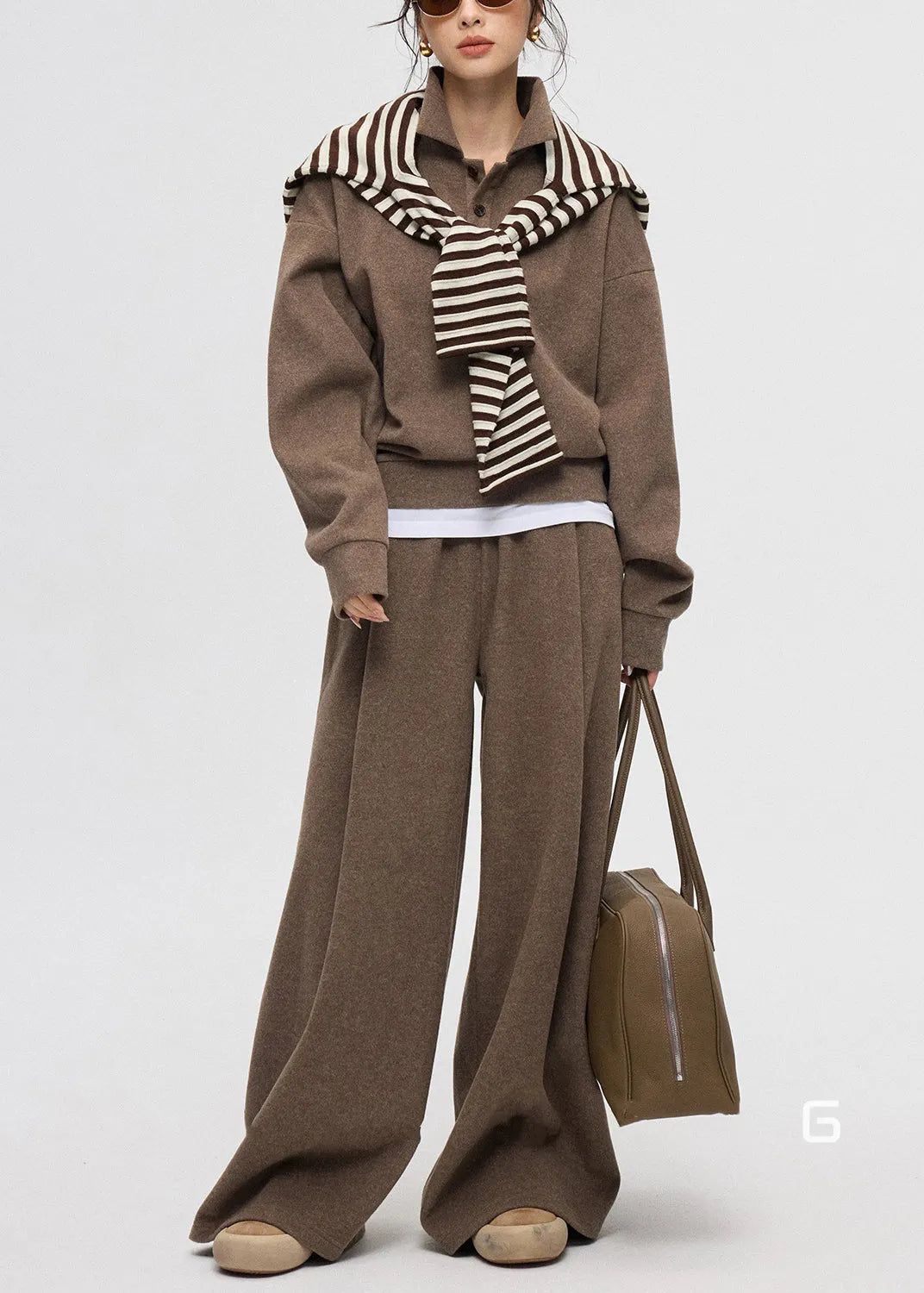Coffee Peter Pan Collar Button Cashmere Two Piece Set Winter