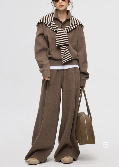 Coffee Peter Pan Collar Button Cashmere Two Piece Set Winter