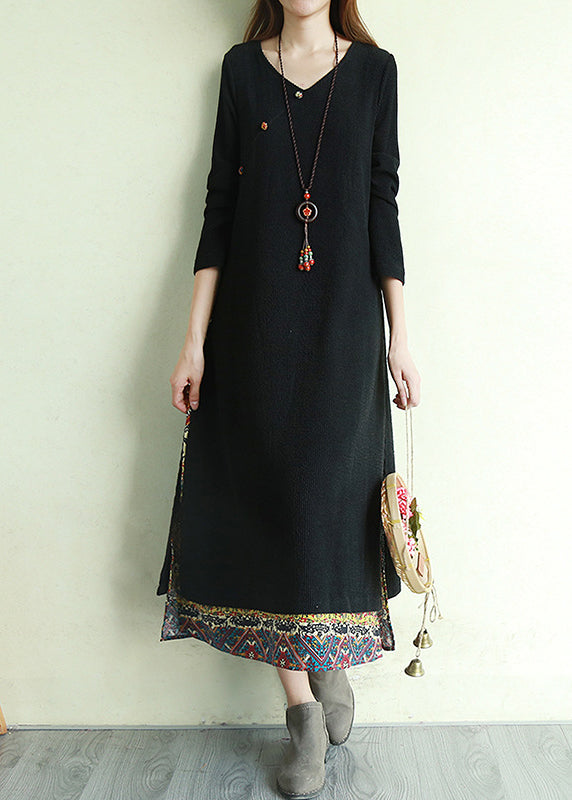 Black Print Fake Two Long Dress Side Open Long Sleeve