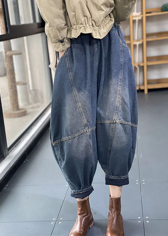Blue Elastic Waist Pockets Patchwork Cotton Denim Loose Harem Pants Summer