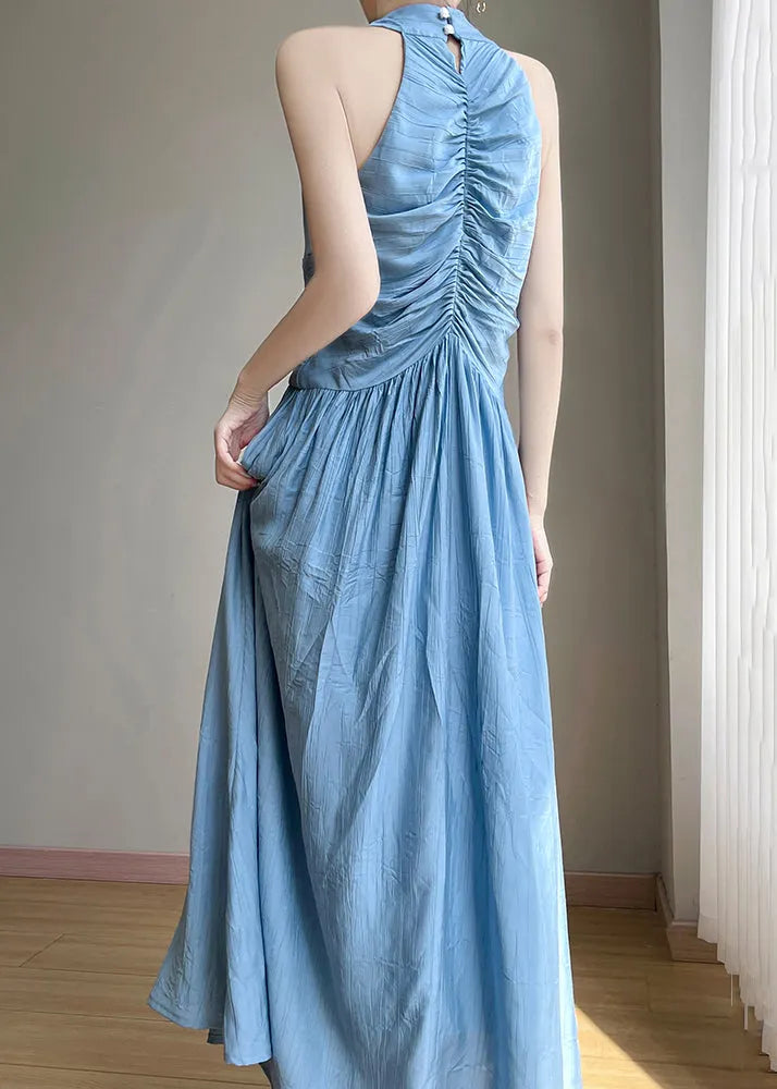 Blue V Neck High Waist Cotton Long Dress Sleeveless