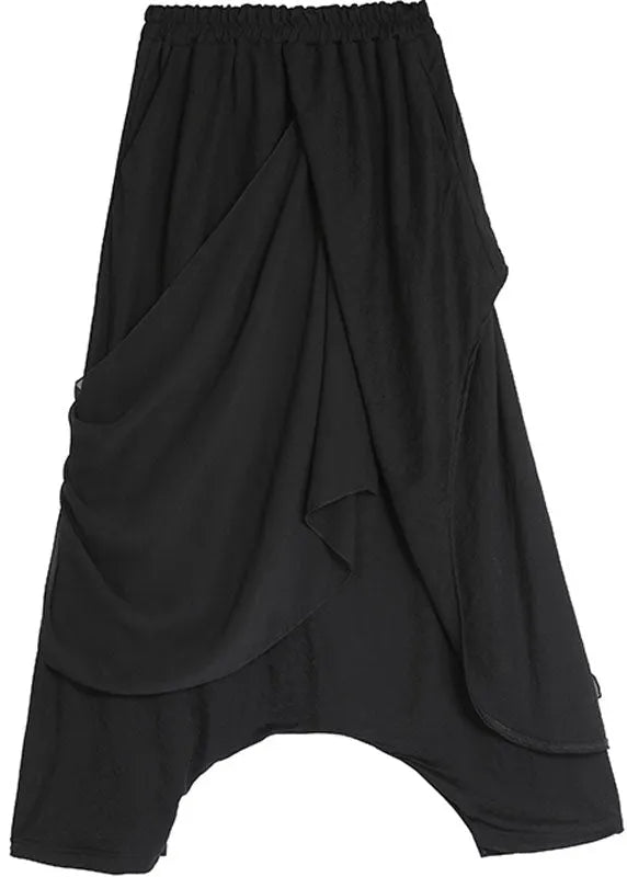 Black Chiffon Patchwork Asymmetrical Design Fall Pants