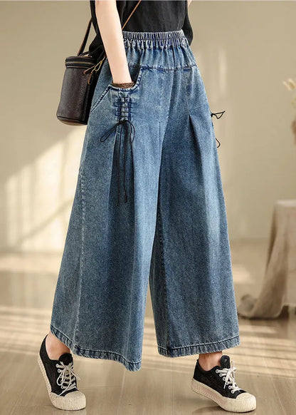 Denim Blue Cross Strap Wide Leg Pants Wrinkled Fall