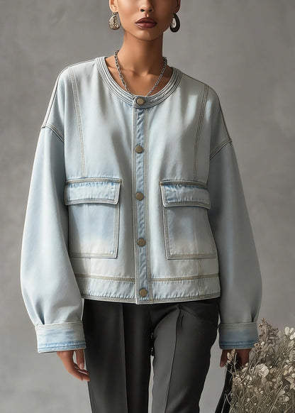 Blue O-neck Pockets Denim Coat Long Sleeve