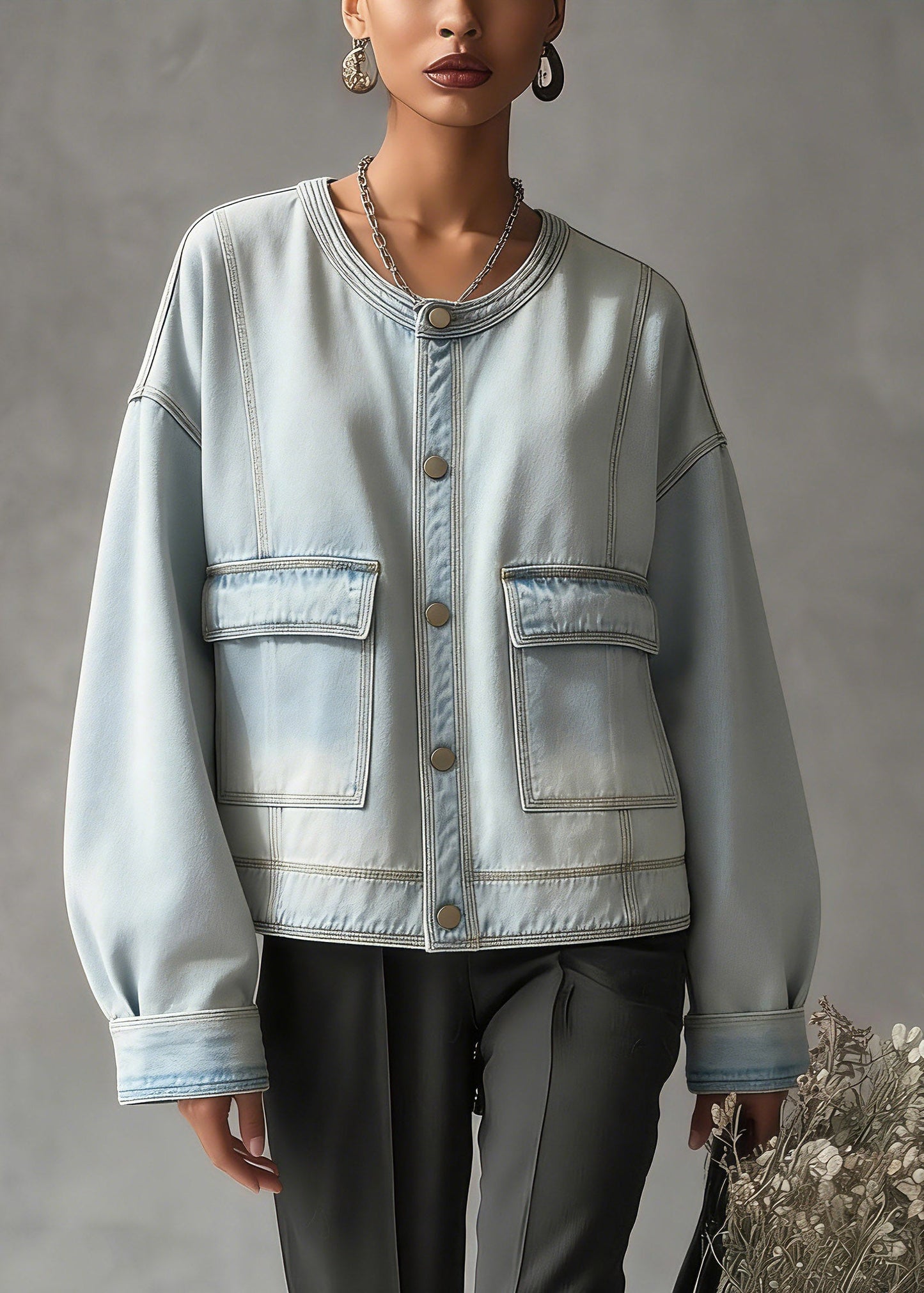 Blue O-neck Pockets Denim Coat Long Sleeve