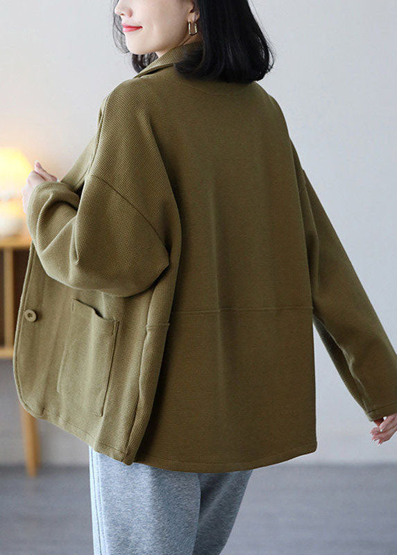 Light Green Notched Collar Pockets Cotton Coats Spring