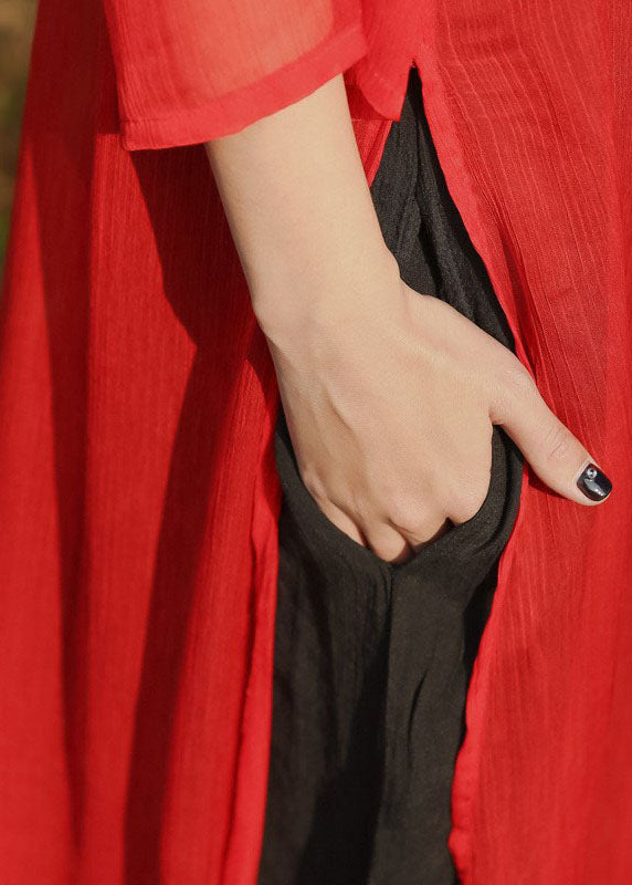 Red Side Open Pockets Cotton Long Dress Three Quarter Sleeve